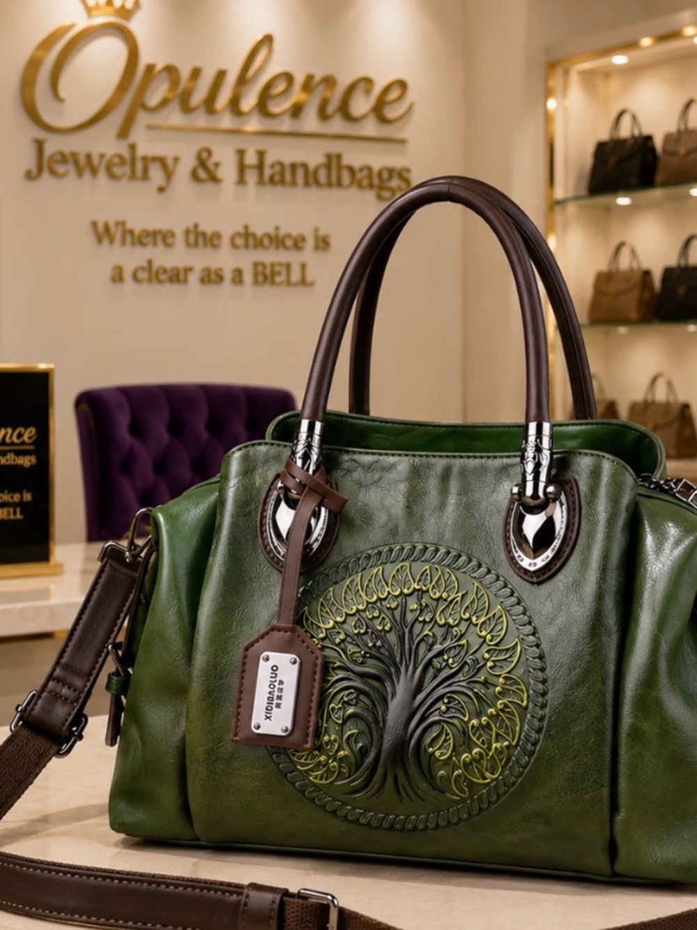 Green Embossed Tree of Life Handbag